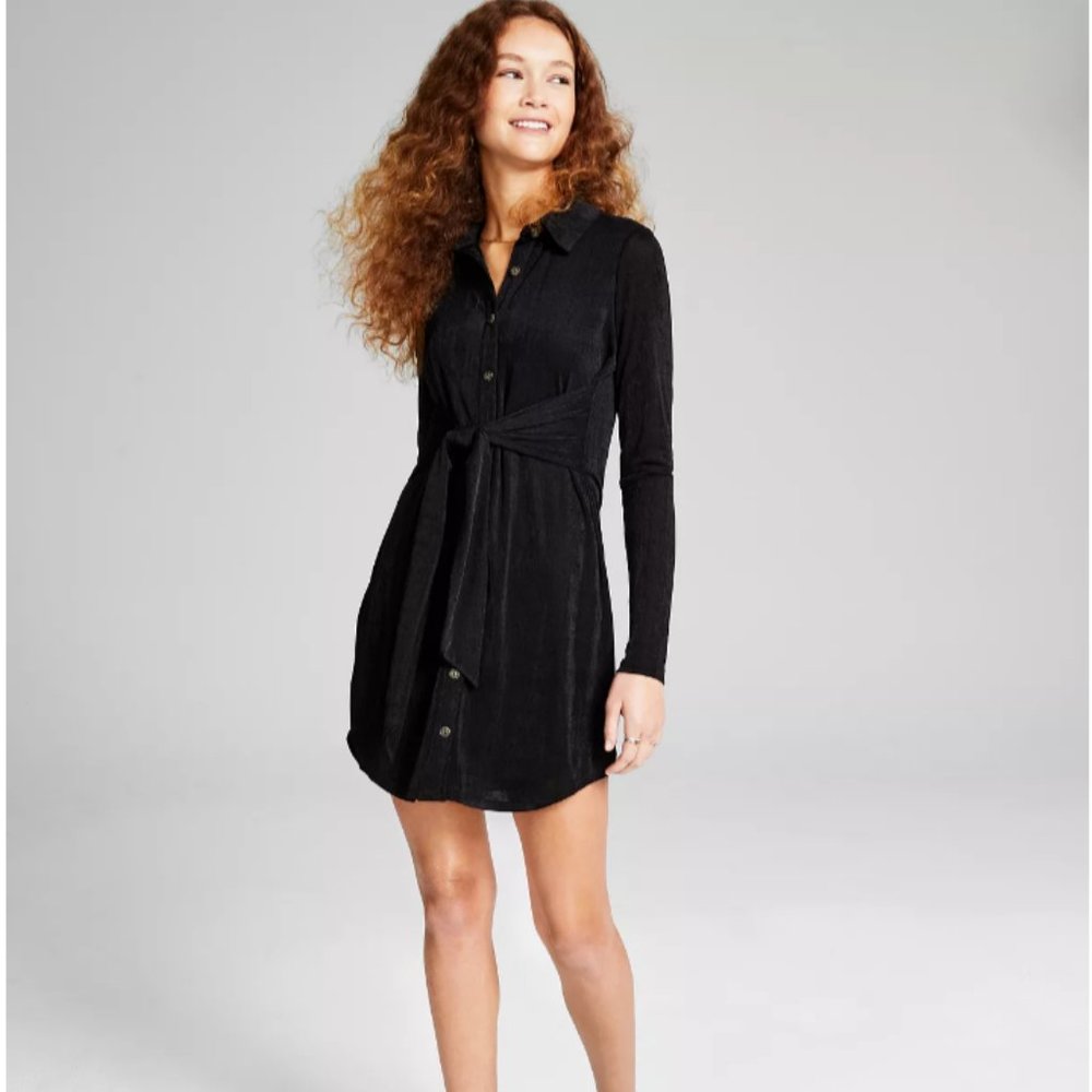And Now This Black Button Top Shirt Dress Tie Front